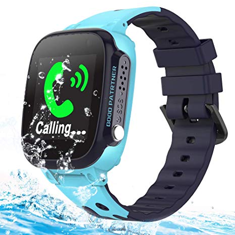 Kids Smart Phone Watches GPS Tracker IP67 Waterproof for Boys Girls with Touch Screen SOS 2 Way Call Camera Alarm Clock Math Game Watch Wristwatch iOS Android Birthday Gifts (Blue Waterproof)