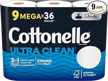 Cottonelle Ultra Clean Toilet Paper, Strong Toilet Tissue, 9 Mega Rolls (9 Mega Rolls = 36 Regular Rolls), 312 Sheets per Roll, Packaging May Vary