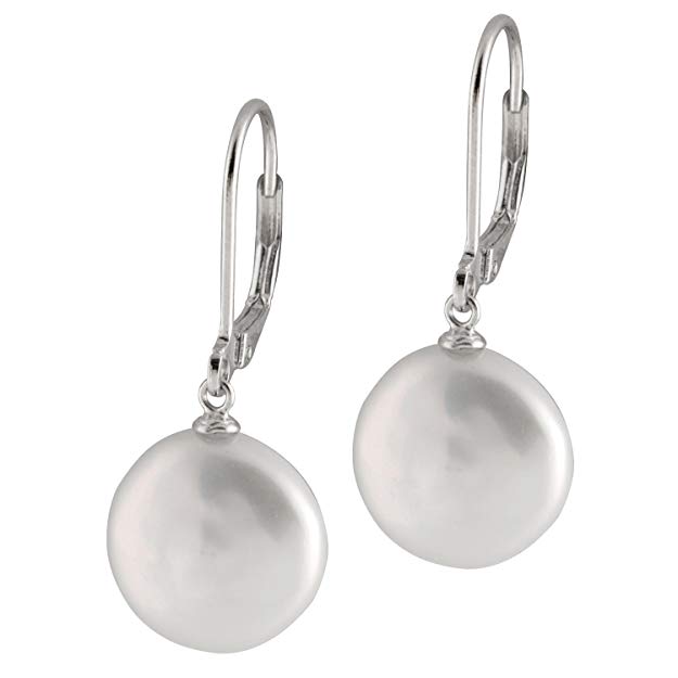 Handpicked 14mm Coin Shape Freshwater Cultured Pearls in 925 Sterling Silver Lever-back Dangle Earrings for Women