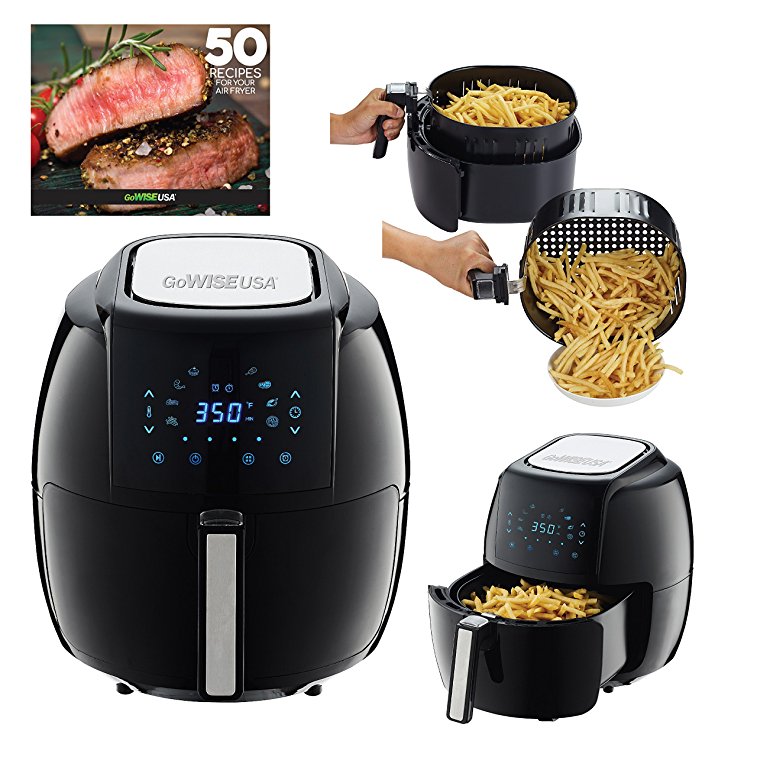 GoWISE USA 5.8-QT Programmable 8-in-1 Air Fryer XL   50 Recipes for your Air Fryer Book, Black