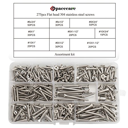 SPACECARE 275 Pcs #6 8 10 304 Stainless Steel Phillips Flat Head Self Tapping Screw Assortment Kit