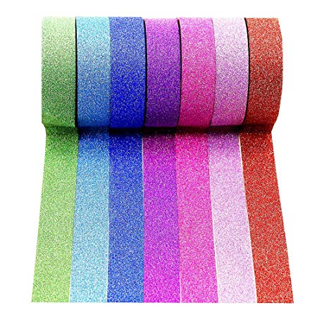 Wise Bird Decorate Mother's Day Gift Rainbow Glitter Sparkle Washi Masking Sticky Adhesive DIY Tape, School Class Office Birthday Notebook Arts & Crafts Gift Tape, 32ft/roll, Set of 7-G01