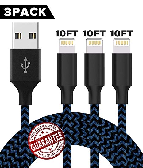 iPhone Charger,Zcen MFi Certified Lightning Cable 3 Pack 10FT Extra Long Nylon Braided USB Charging & Syncing Cord Compatible iPhone Xs/Max/XR/X/8/8Plus/7/7Plus/6S/6S Plus/SE/iPad/Nan -Black Blue