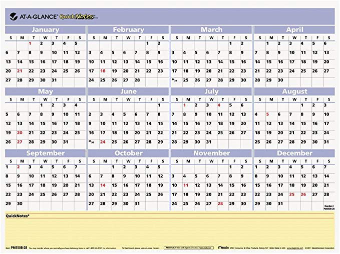 AT-A-GLANCE QuickNotes Write-On/Wipe-Off Monthly/Yearly Wall Calendar, 16 x 12.75 Inches (PM550B-28)