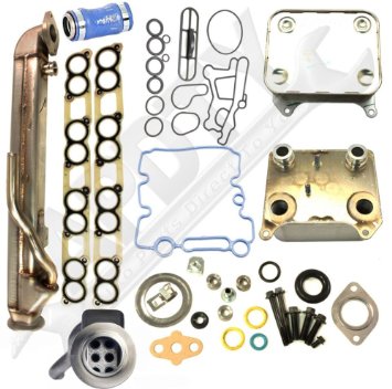 APDTY 015373 and 015339 Diesel 60L EGR Cooler and Engine Oil Cooler Kit Includes All Needed Intake Gaskets O-Rings and Water Outlet Adapter Hose For 2004-2010 Ford  Navistar 60L Diesel Trucks Upgraded Straight Stainless Steel Tube Design Prevents Clogging