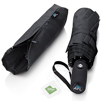 AYL Windproof Travel Umbrella with Teflon Coating and Zipper Pouch