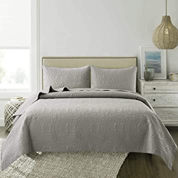 NEWLAKE Lightweight Bedspread Coverlet Set, 3-Piece Microfiber Quilt Set, Queen Size,Advanced Gray