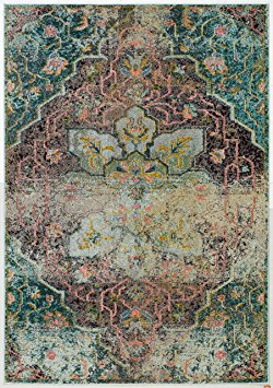 Rivet Distressed Floral Medallion Rug, 7'10" x 11', Aqua