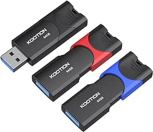 KOOTION Cle USB 3.0 64 Go Lot de 3, Clé USB 64Go 3.0 Pousser Tirer Clef USB 3.0 Flash Drive Stockage Unique Mémoire Stick (Couleur Mixte:Noir Rouge Bleu)