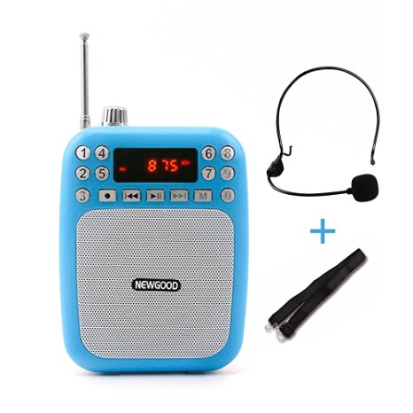 NEWGOOD Ultralight Voice Amplifier with Headset Microphone Mini Portable Loudspeaker Megaphone Support FM Radio MP3 Player Support TF/SD Card(N30A Blue)