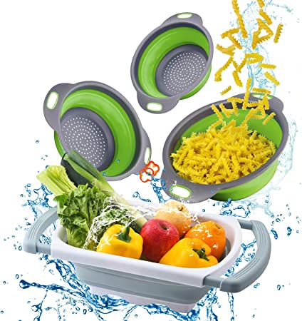 Collapsible Colander Set of 4 Kitchen Strainer Set, Colander Strainer Over the Sink Food Colanders Strainers with Extendable Handles, Kitchen Gadgets to Strain your Pasta, Vegetables and Fruits