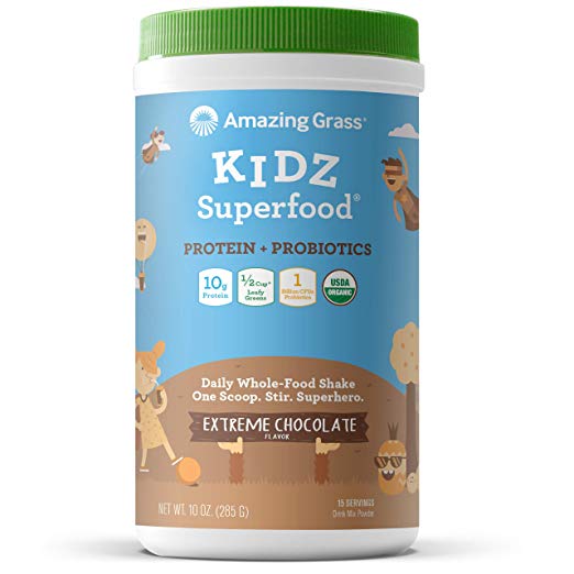 Amazing Grass Kidz Superfood: Organic Vegan Protein & Probiotics for Kids, Half a Cup of Greens per Serving , Extreme Chocolate, 15 Servings