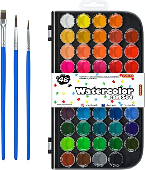 48 Colours Watercolour Paint Set, Shuttle Art Watercolour Paints Pan with 3 Paint Brushes Perfect for Kids Beginners Watercolour Painting