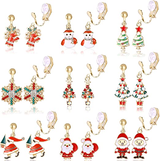 FIBO STEEL 9 Pairs Clip On Christmas Earrings for Women Tree Snowflakes Santa Claus Elk Snowman Bells No Piercing Clip-On Christmas Dangle Drop Earrings