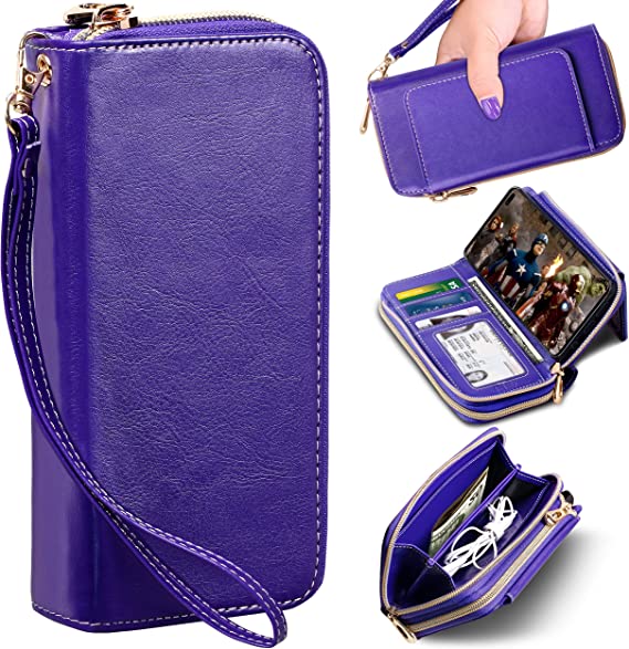 E LV Luxury Handcrafted Purse Series Designed for Samsung Galaxy S10 Plus Case, PU Vegan Leather Wallet Case Cover for Galaxy S10  (6.4”) with Kickstand, Detachable Phone Case & Card Slots (Purple)
