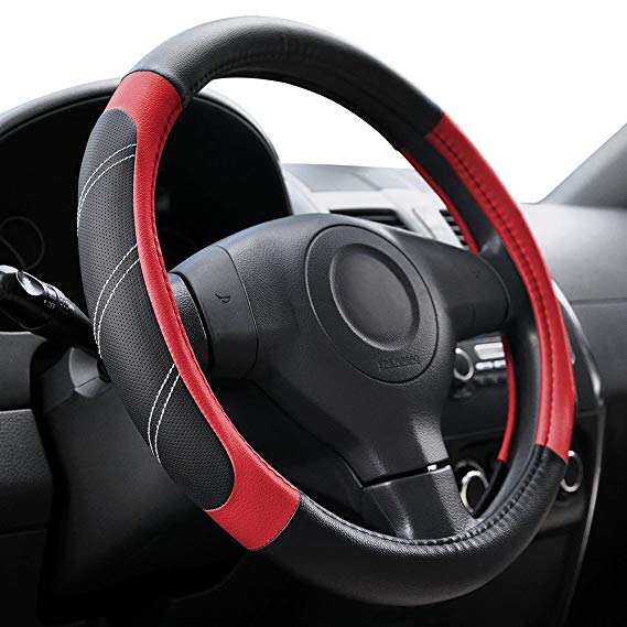 Elantrip Sport Leather Steering Wheel Cover 14 1/2 inch to 15 inch Universal, Padded Soft Grip Breathable for Car Truck SUV Jeep, Anti Slip Odorless Black and Red