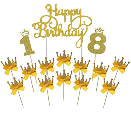 Gold Happy Birthday Cake Topper 18th Number Crown Cupcake Picks For Theme Party Dessert Table Decor Supplies by GOCROWN