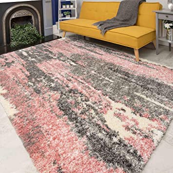 Blush Gray Distressed Abstract Shaggy Shag Area Rug Pink Soft Durable Lounge Living Room Bedroom Hall Rugs 3'10" x 5'6"