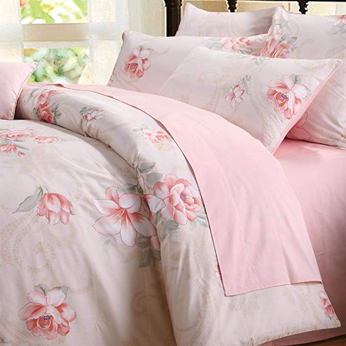 Brandream Girls Duvet Cover Queen Farmhouse Bedding Sets Malus Spectabilis Floral Bedding 100% Egyptian Cotton Duvet Quilt Cover Set Pink 3-Piece(Comforter not Included)