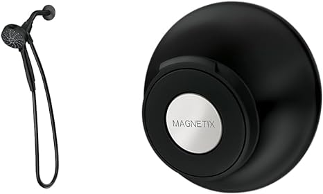 Moen 26100BL Engage Magnetix Energetix 6-Function 3.5 in. Single Wall Mount Fixed Adjustable Shower Head with 186117BL Magnetix Remote Dock, Matte Black