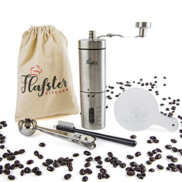 Flafster Kitchen Manual Coffee Grinder- Hand Coffee Bean Grinder With Ceramic Mechanism- Portable Stainless Steel Burr Coffee Mill With Foldable Stainless Steel Handle - Ergonomic Design - Accessories