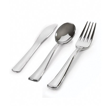 Silver Plastic Silverware, Heavy Duty Looks Like Silver Cutlery Combo of 96 P...