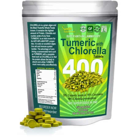 Sunlit Chlorella w/ Turmeric Tablets. Superfood supplement combines Organic raw non-GMO Chlorella Pyrensoidosa with Turmeric root (95% Concentrated Curcumin). No fillers no preservatives.