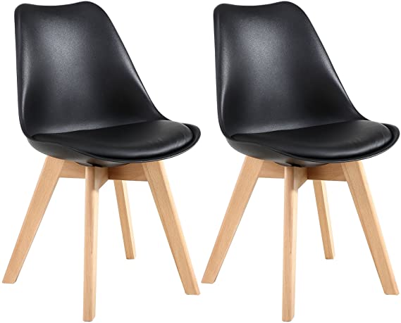LSSBOUGHT Set of 2 Eames-Style Soft Padded Seat Dining Chairs with Solid Wooden Legs (Black)