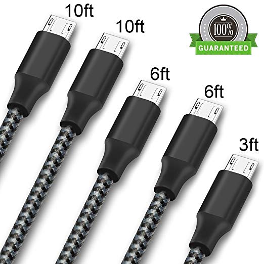 ONSON Micro USB Cable,5Pack 3FT 2X6FT 2X10FT Long Premium Nylon Braided Android Charger USB to Micro USB Charging Cable Samsung Charger Cord for Samsung Galaxy S7 Edge/S7/S6/S4/S3,Note 5/4/3-black