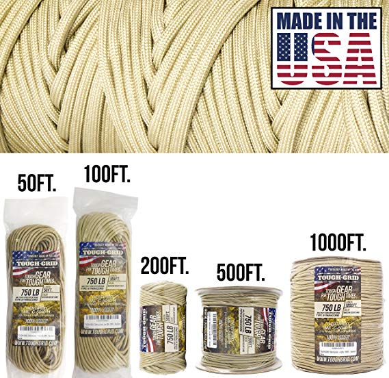 TOUGH-GRID 750lb Paracord/Parachute Cord - Genuine Mil Spec Type IV 750lb Paracord Used by the US Military (MIl-C-5040-H) - 100% Nylon - Made In The USA.