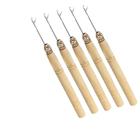 5 Wooden Hair Extensions Loop Needle Threader Wire Pulling Hook Tool for silicone microlink beads and feathers, Set of 5 for hair or feather extensions (5 Hooks)