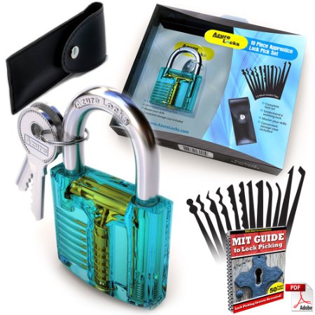 Lock Pick Set Complete 19 Piece Practice Padlock Set With Keys– Transparent Lock Trainer – Plus Free Lock Picking Guide & Carrying Case – Suitable For Beginners & Professionals Best Unlocking Puzzle By Azure Locks