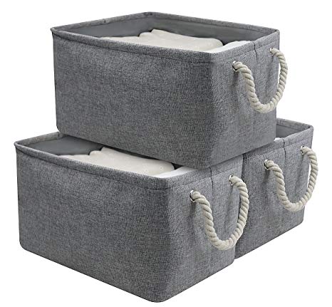 Cotton Storage Basket Container with Strong Cotton Rope Handle, Foldable Cabinet Cube Organizer Bin, Gray, Polyester Lining, 3-Pack, Gray