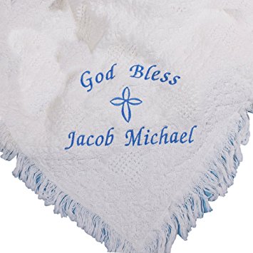 Embroidered God Bless Baby Boy Afghan, 100% Cotton, 36" x 48"
