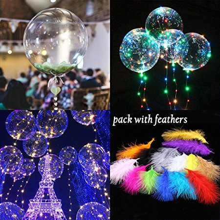 LED Transparent Balloons Flashing with Colorful Blinking Light Feathers and ribbons 1Pcs/3Pcs/5Pcs for Birthday Wedding Halloween Christmas Newyear Party Decoration (3 Pack)