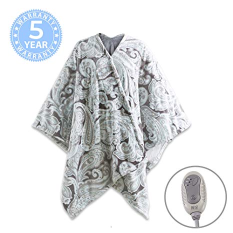 MP2 Electric Heated Poncho Shawl Wrap Sherpa Throw Blanket with Buttons Auto Shut Off 50"x 64", Paisley