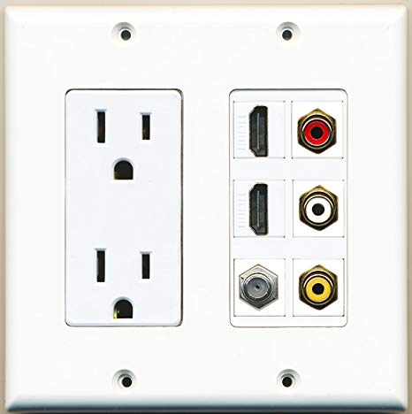 RiteAV - 2 x 15 Amp 125V Power Outlet 3 x RCA - 2 X HDMI and 1 x Coax Cable TV Port Wall Plate White