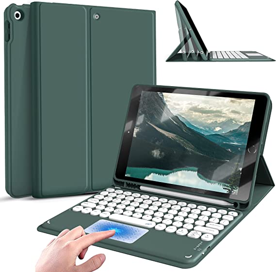 KenKe iPad 9th Generation 2021 / 8th Gen 2020 / 7th Gen 2019 Touchpad Round Key Keyboard Case with Pencil Holder, Magnetic Detachable Bluetooth Keyboard Stand Cover for iPad 10.2 inch, (Dark Green)