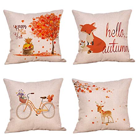 Steven.Smith 4 Pack Happy Fall Yall Throw Pillow Case Bycicle Maple Leaves Deer Fox Rustic Farmhouse Autumn Decorative Cushion Cover 18 x 18 inch Cotton Linen (Happy Fall Yall)