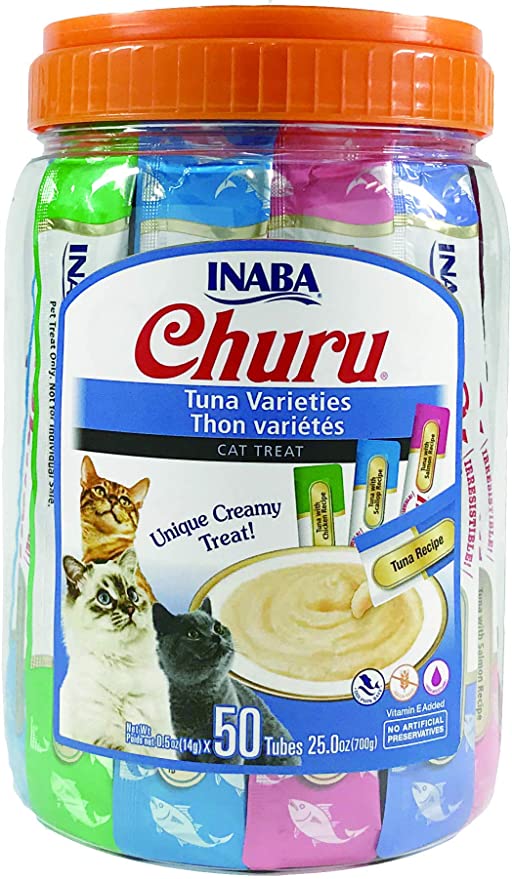 INABA Churu Lickable Purée Wet Treat for Cats | Playful Hand Feed or as Food Topper | Grain Free, Preservative Free, with Added Vitamin E and Green Tea | 50 Tube Tuna Variety Pack