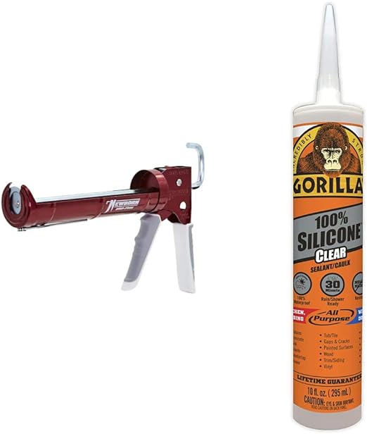 Newborn 930-GTD Drip-Free Smooth Hex Rod Cradle Caulking Gun & Gorilla Clear 100 Percent Silicone Sealant Caulk, Waterproof and Mold & Mildew Resistant, 10 Ounce Cartridge, Clear, (Pack of 1)