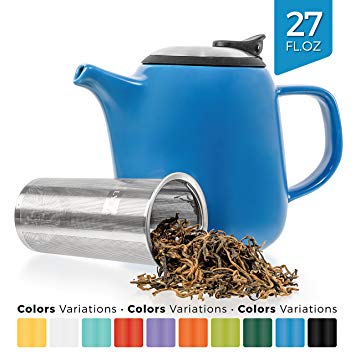 Tealyra - Daze Ceramic Teapot in Blue - 800ml (2-3 cups) - Small Stylish Ceramic Teapot with Stainless Steel Lid and Extra-Fine Infuser To Brew Loose Leaf Tea