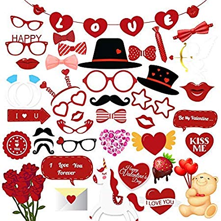 CC HOME Valentines Day Party Decorations,41 Pcs Valentines Photo Booth Props & 1Pc Wedding Red Heart Garland Bunting Banner, Love Banner/Proposal,Bridal Shower,Anniversary,Engagement Party Supplies