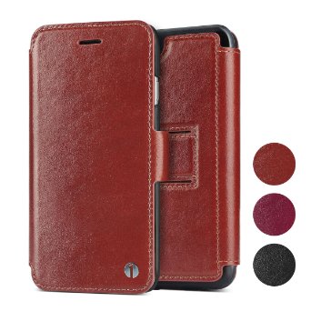 1byone Genuine Leather Wallet Stand Folio Case with Card Slot for iPhone 6 / 6s Plus, Brown