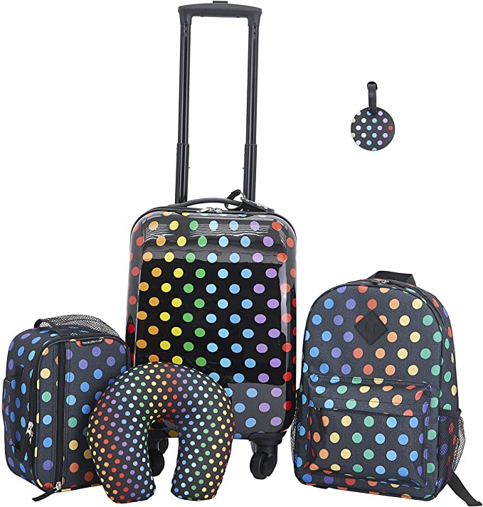 Travelers Club Kids' 5 Piece Luggage Travel Set, Black Polkadot