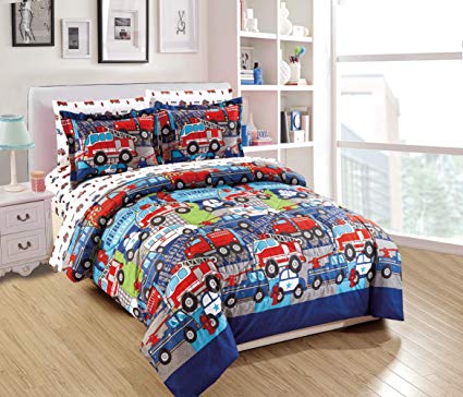 Fancy Linen 7pc Full Comforter Set Police Car Fire Truck Ambulance Heroes Blue Red Green Grey White New
