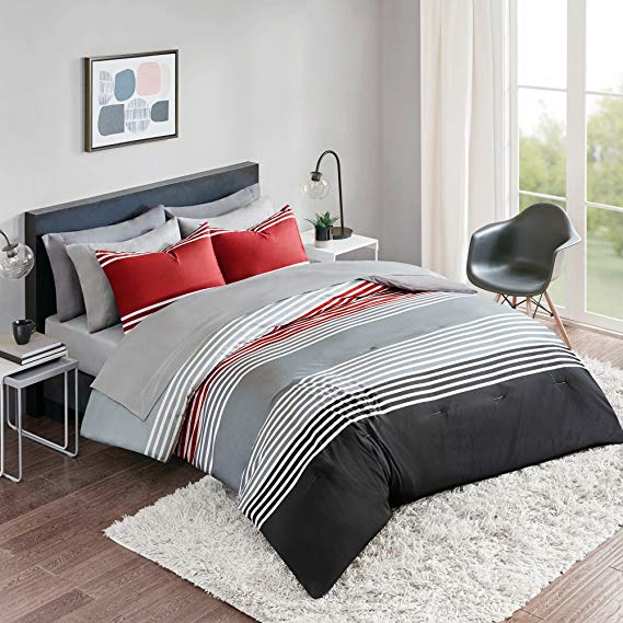 Bed in a Bag Full Comforter Set with Sheets feat. Two Side Pockets - Colin 9 Piece All Season Bedding Sets Full Microfiber Printed Red/Grey Stripes