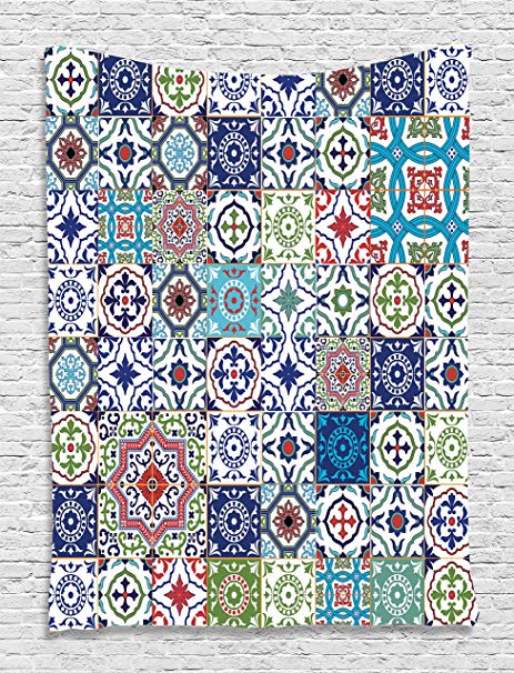 Ambesonne Patchwork Decor Theme Mosaic Ceramic View Moroccan Tile Traditional Room Decorations Art Print Eastern Style Printed Wall Hanging Tapestry, Navy Green Burgundy Red Brown Teal