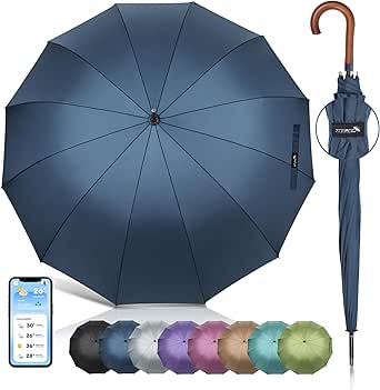 ZOMAKE 54 Inch Large Golf Umbrella With Wood Hook Handle 12/16 Ribs - Automatic Open Stick Umbrellas Windproof Wooden Handle - Curved Handle Golf Umbrella Cane With J Hook for Gentlemen