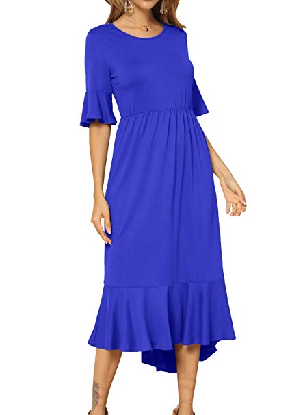 levaca Women's Plain Casual High Low Hem Flowy Midi Dress